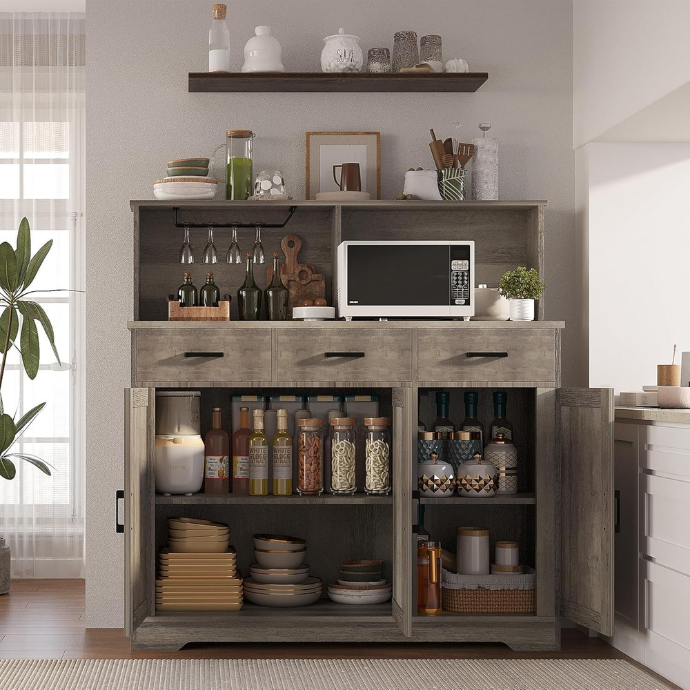 Farmhouse Buffet Sideboard with Microwave Stand & Barn Doors, Grey