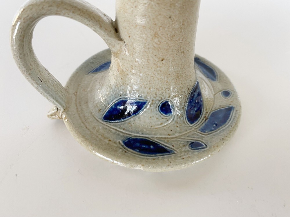 Pottery Salt Glazed Candlestick Holder 6 Inch Handle Blue Leaf Primitive Rustic