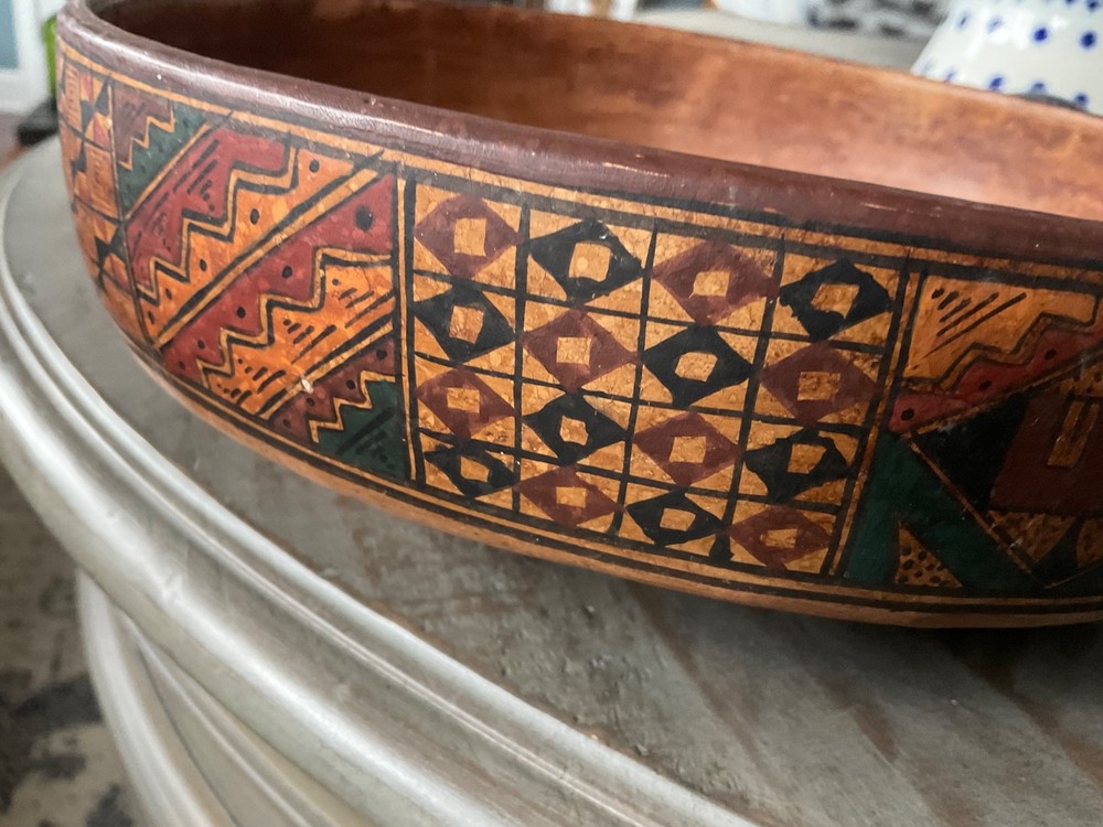 Large 10” Intricate Hand Painted Peruvian Ceramic Red Clay Bowl