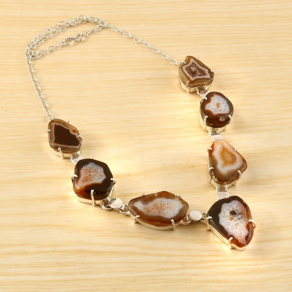 Natural Brown Agate Druzy Silver Plated Statement Necklace Handmade Boho