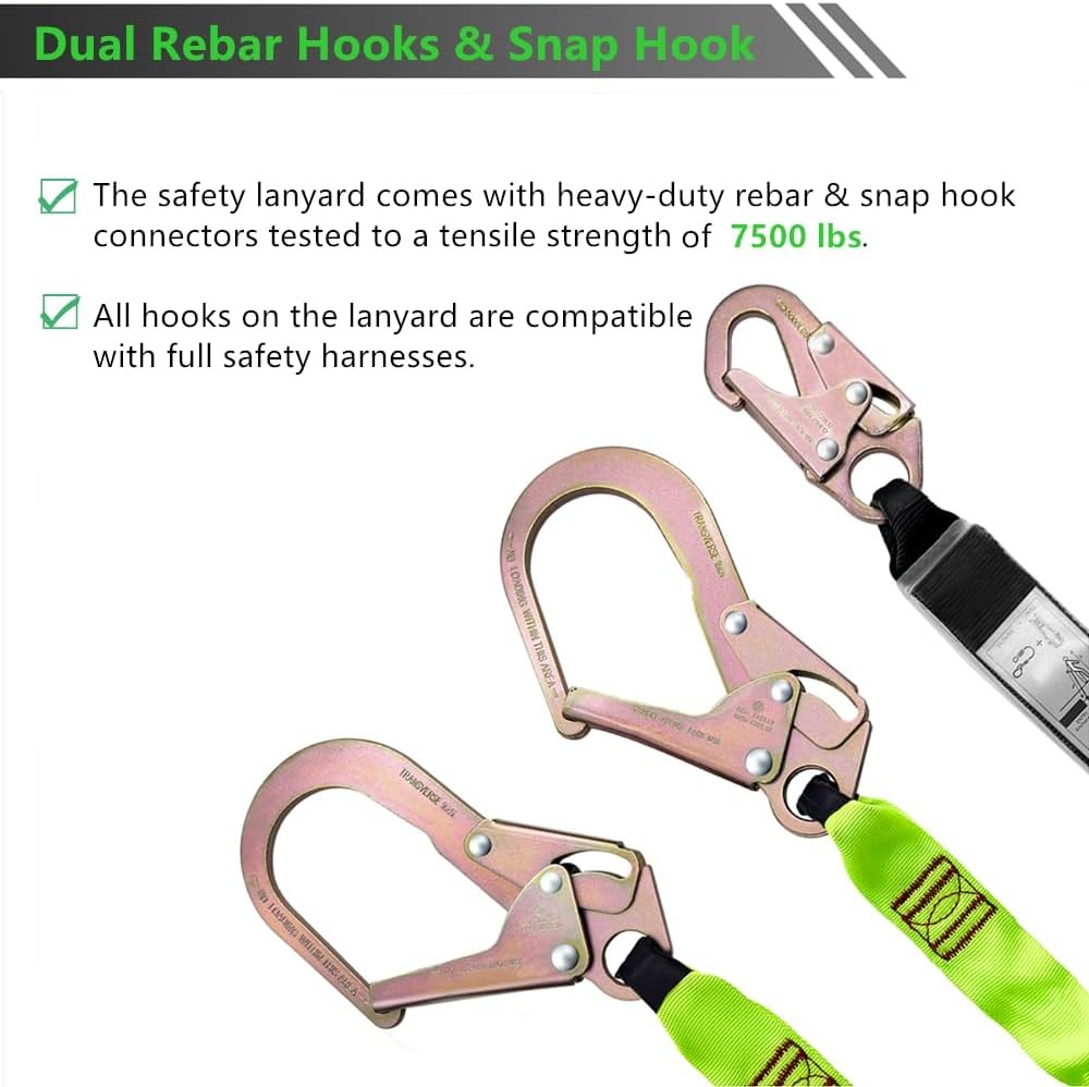 6FT Double Leg Internal Shock Absorbing Safety Fall Protection Large, green