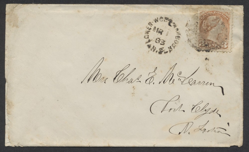 1883 Lower Wood Harbour NS Split Ring On 3c SQ Cover