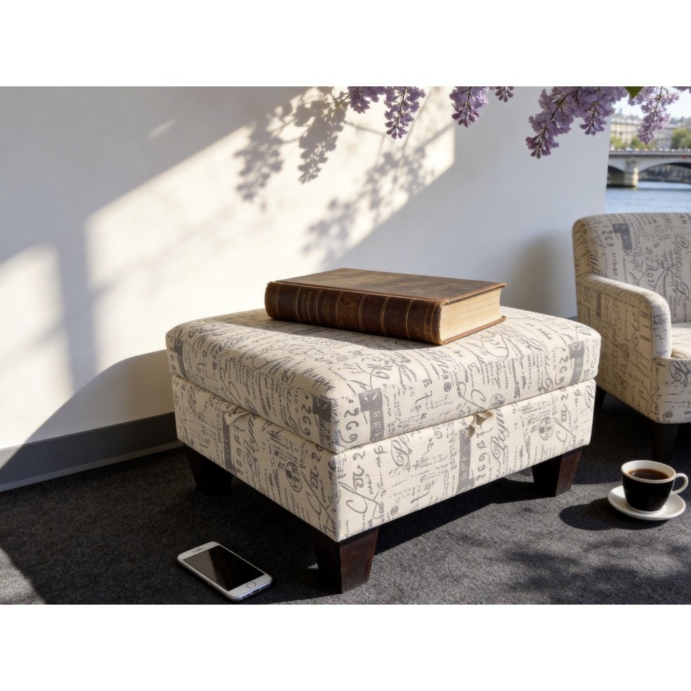 Linen Upholstered Ottoman w/ Hidden Storage Lift-Top, Beige Rectangular