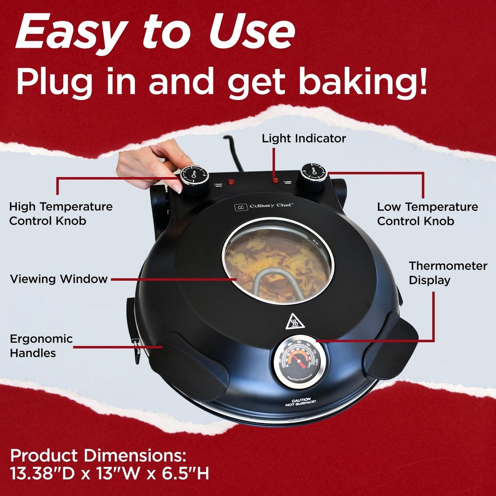 CULINARY CHEF Electric Pizza Oven with Ceramic Stone, Viewing Compact, Black