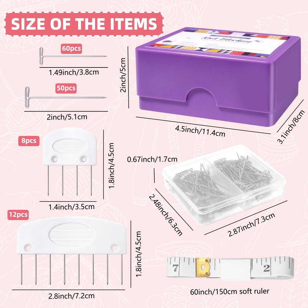 Knit Blocking Pins Kit: 20 Combs, 110 T-Pins for Crochet & Needlework Projects
