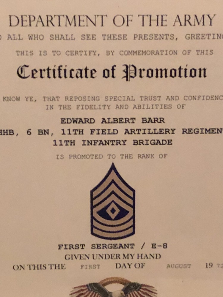 FIRST SERGEANT / 1SG (E-8) U.S. Army ~ Commemorative Promotion Certificate