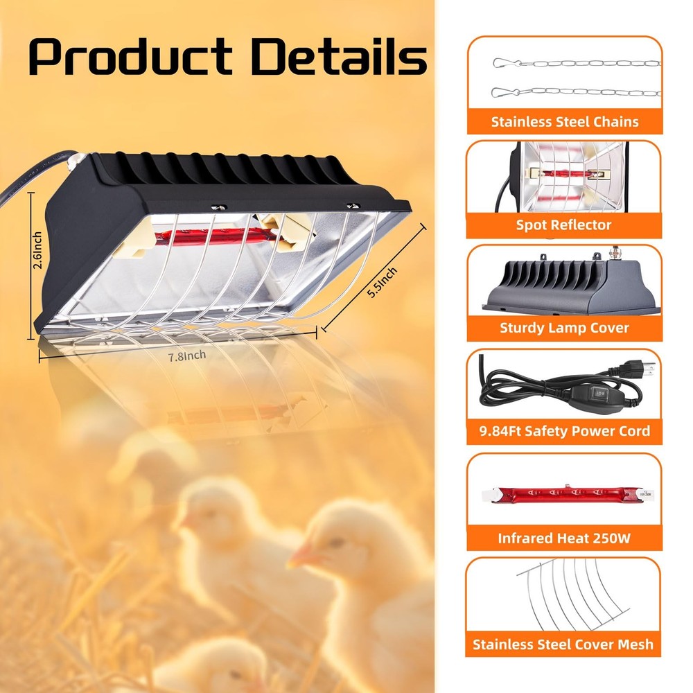 Chicken Coop Heat Lamp 250W Brooder Heating Plate for Chicks Hanging Light He...