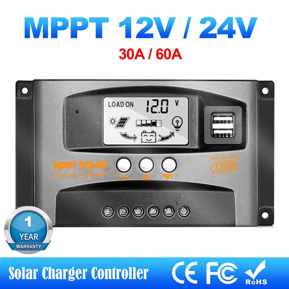 30A/60A MPPT Solar Panel Regulator Charge Controller 12V/24V Auto Dual USB LCD