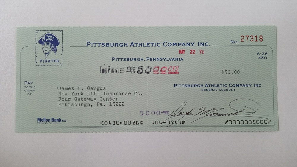 James L. Gargus: 1978 Pittsburgh Pirates Expense Check