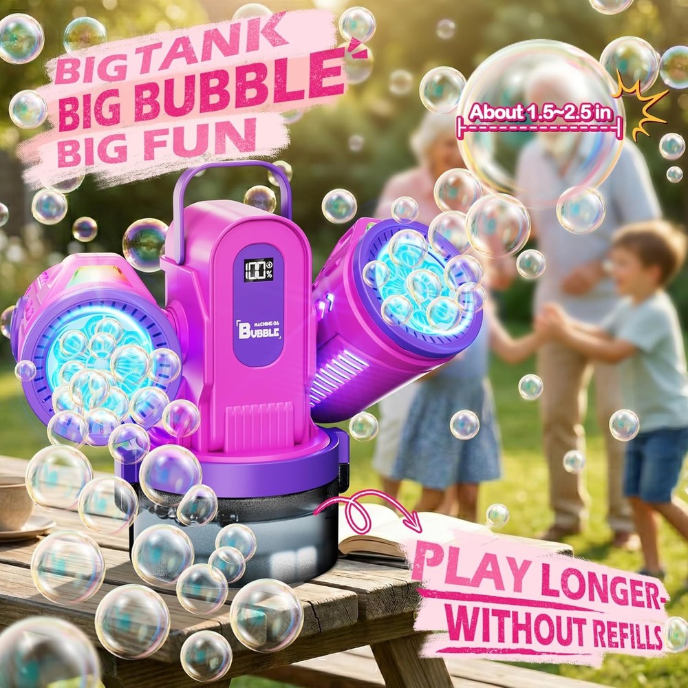 Dual-Engine Bubble Machine with RGB Lights & Remote Control, 150° Auto Rotation,