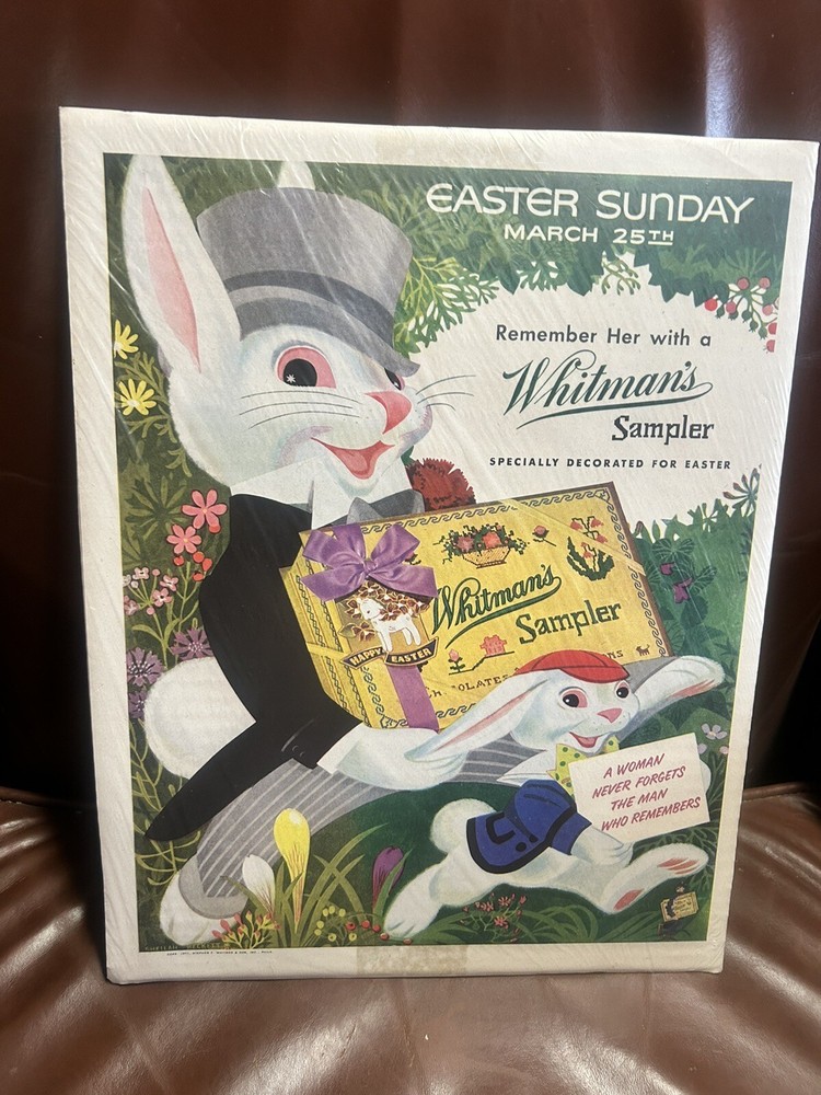 Whitman Chocolates Easter Bunny 10”x13” Ad-Plastic Wrap on Cardboard - See Pics!