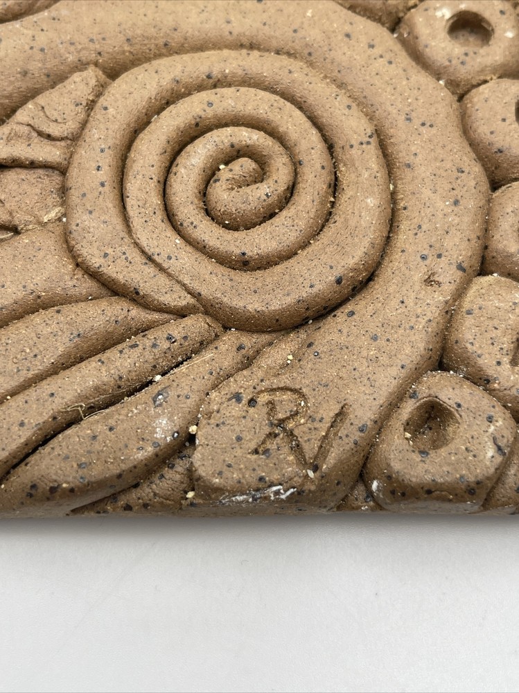 Vintage Studio Pottery Clay Wall Art Tile Signed RI Abstract