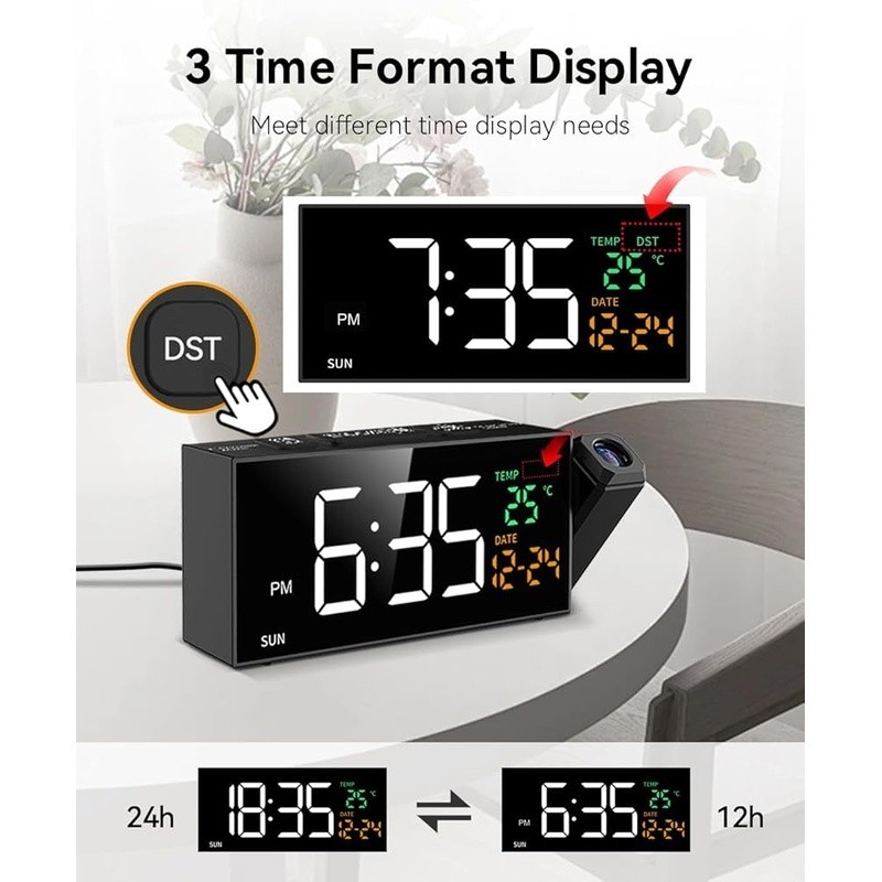 Projection Alarm Clock Adjustable Brightness Volume Temperature Display 4 in 1