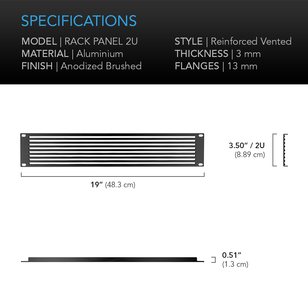 Rack Panel Accessory Vented 2U Space for 19” Rackmount, Premium Black Aluminum