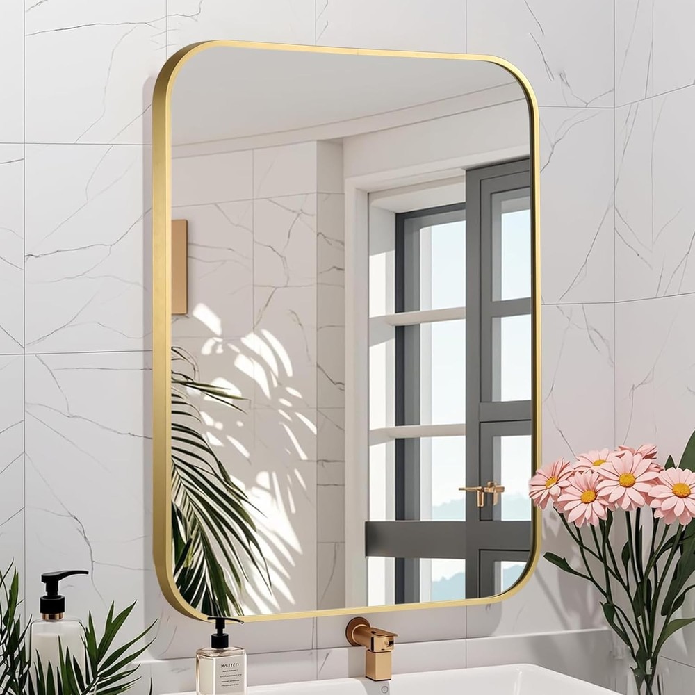 Brushed Gold Mirror, 22"x30" Rectangle Bathroom Mirror, Metal Frame Rectangle...