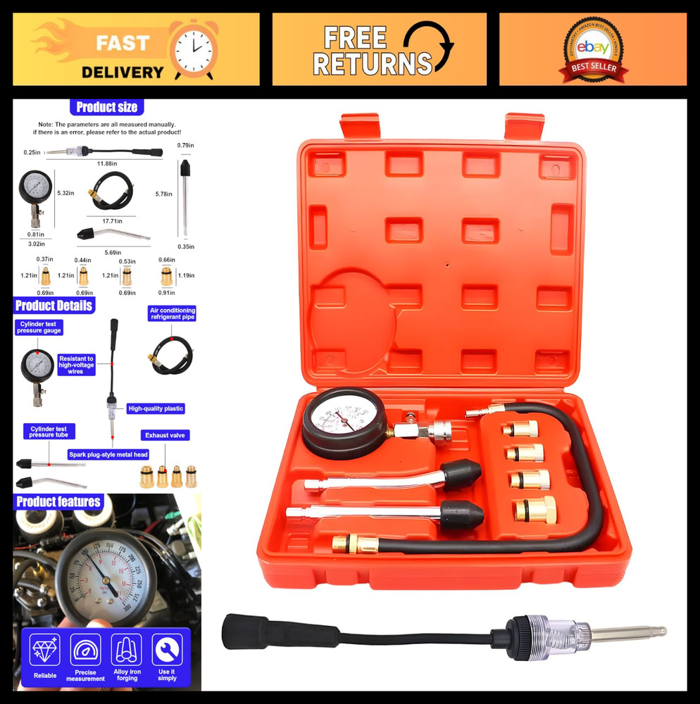 9PCS Engine Compression Tester Kit - 0-21 Bar, 0-300 PSI, Spark Plug Tester for