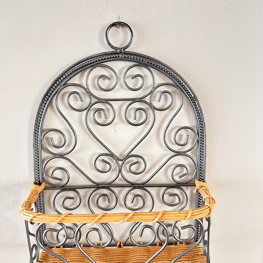 Small Wall Basket Metal and Wicker Scroll Decor
