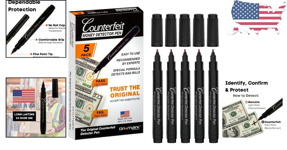 Durable 5-Pack Counterfeit Bill Tester Pens - Fast Detection & Prevention
