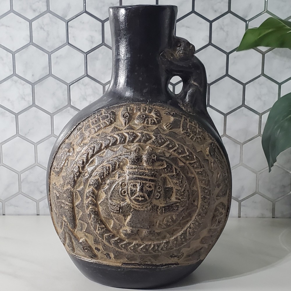 Pre Columbian Chimu Peruvian Blackware Serpent Monkey Vessel Replica