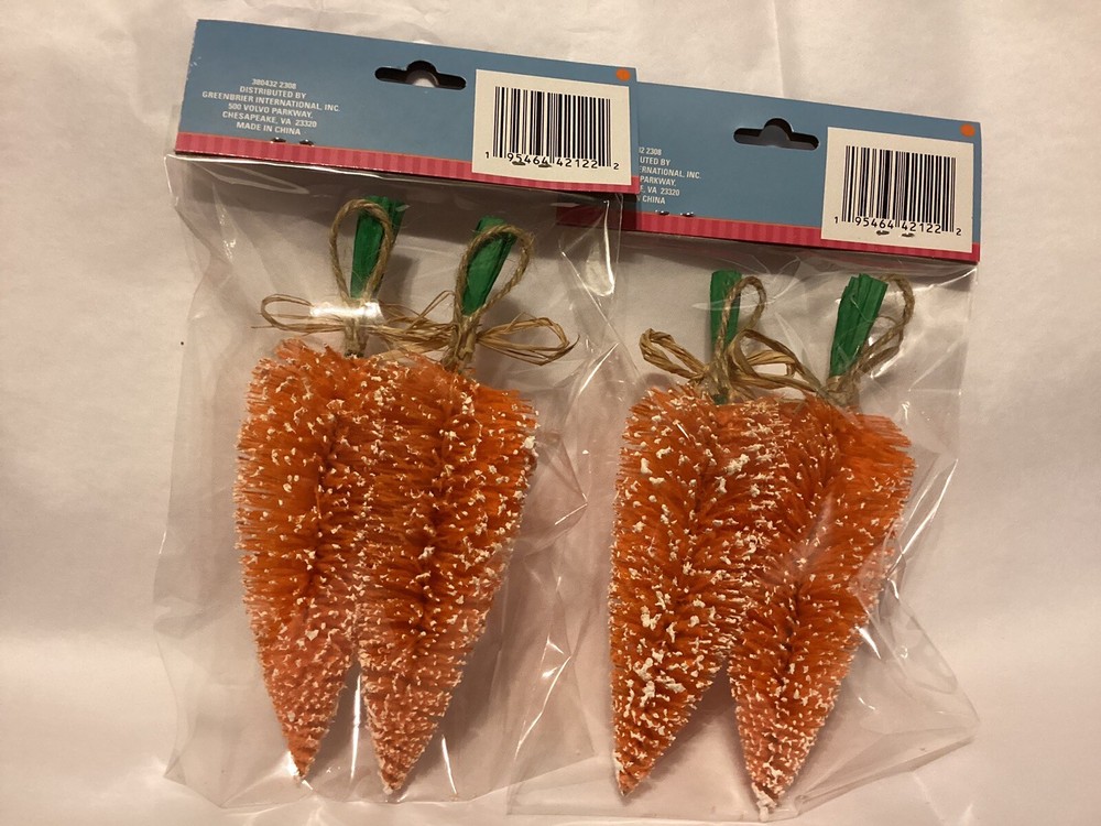 Four (4) Happy Easter Flocked Bottles Brush Qrange Carrots Decor