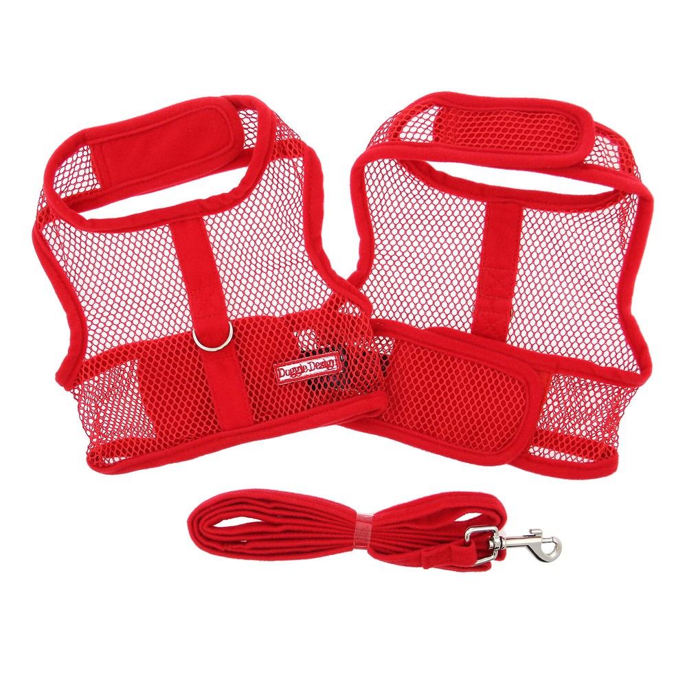 Doggie Design Cool Mesh Dog Netted Harness with Leash - Solid Red