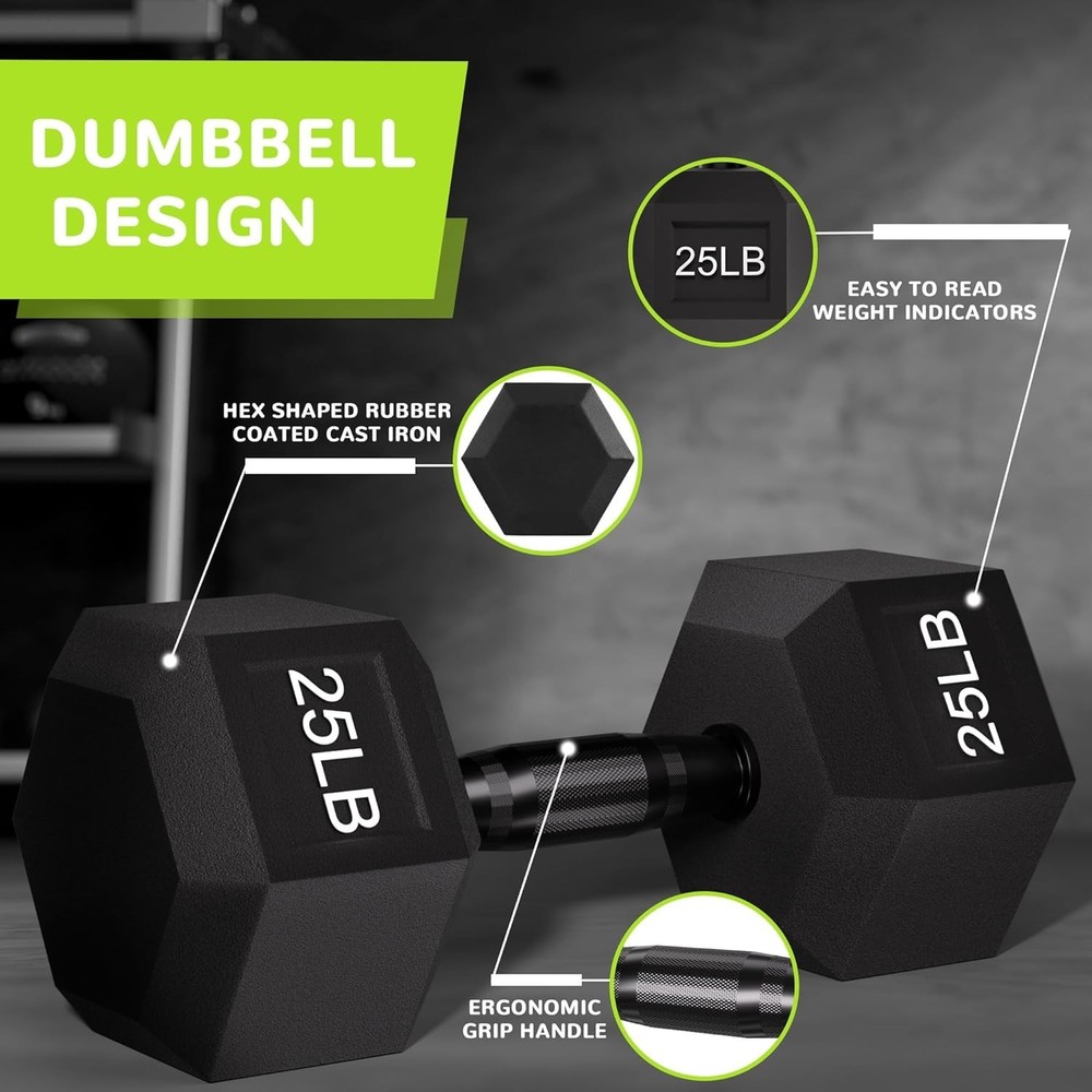 25lb Solid Cast Iron Rubber Encased Dumbbell with Secure Grip for All Workouts