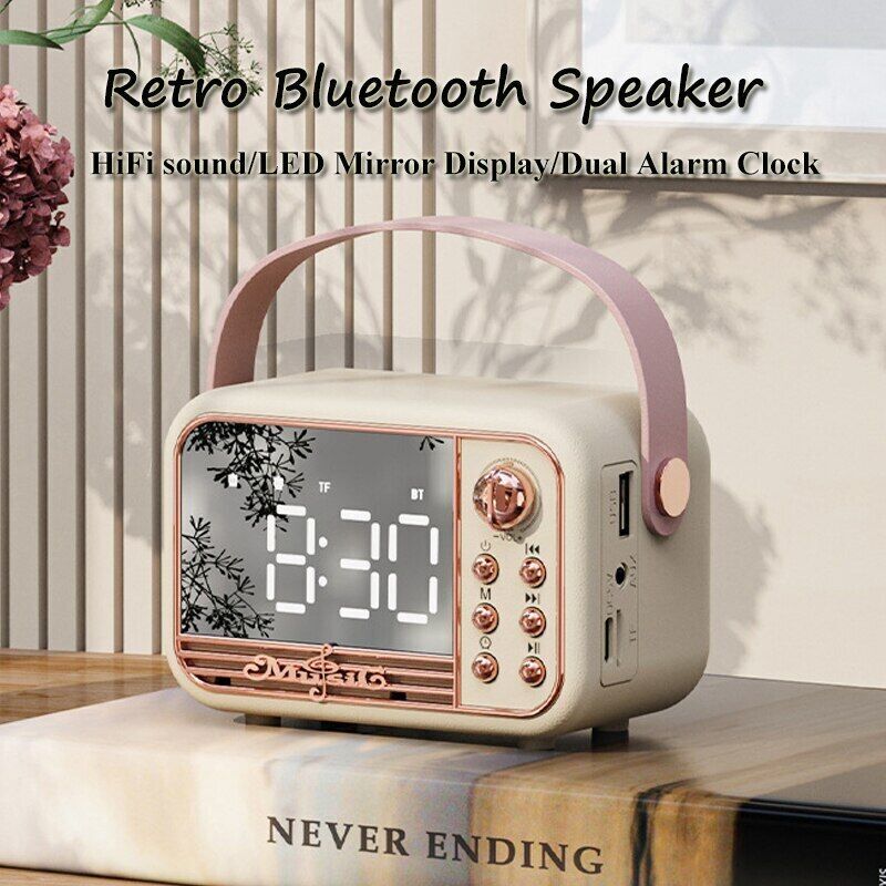 Retro Bluetooth Speaker with Microphone HIFI Stereo Digital Display Alarm Clock