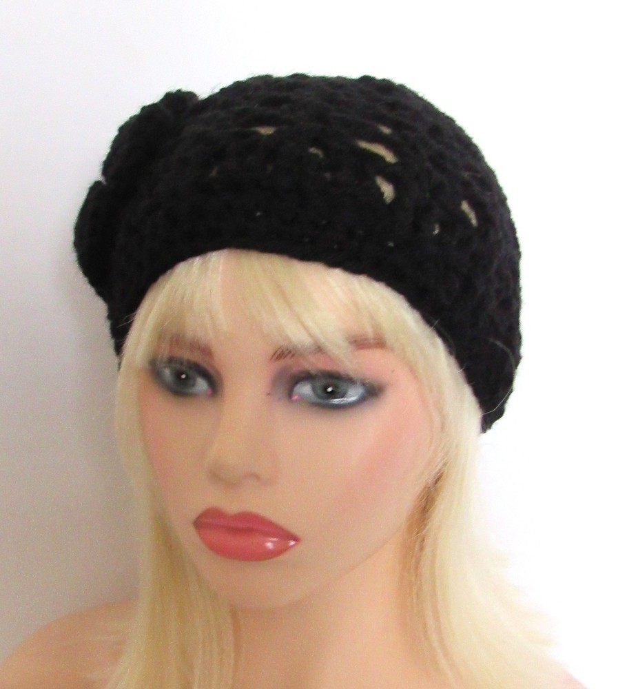 BOHO BEANIE HAT CAP  SOLID  BLACK  OPEN WEAVE MESH HANDMADE CROCHET WITH FLOWER