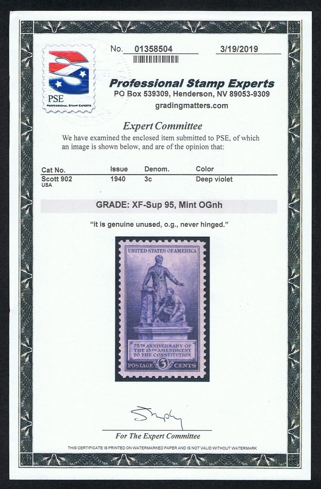 EXCEPTIONAL GENUINE SCOTT #902 MINT PRISTINE OG NH PSE CERT GRADED XF-SUPERB 95