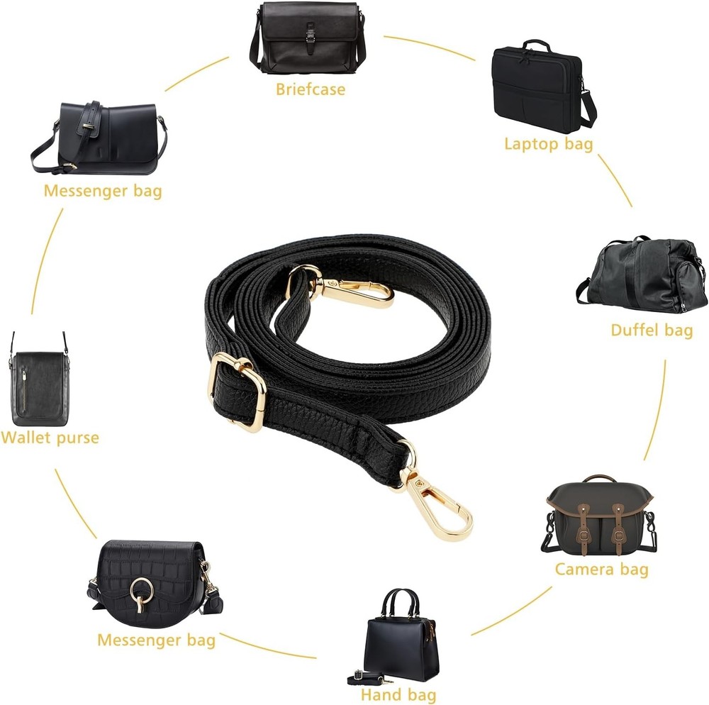 Purse Strap Replacement 33.4-59 Inch Adjustable Black Strap, Gold Buckle