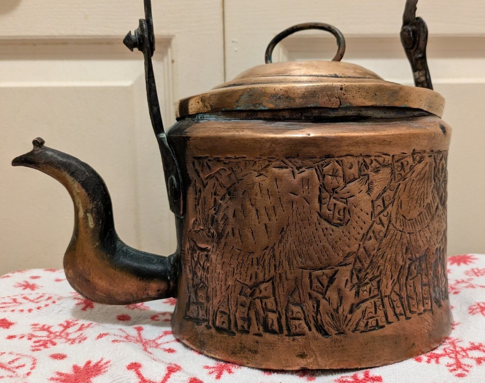 Antique Middle Eastern Engraved Brass Copper Tea Kettle