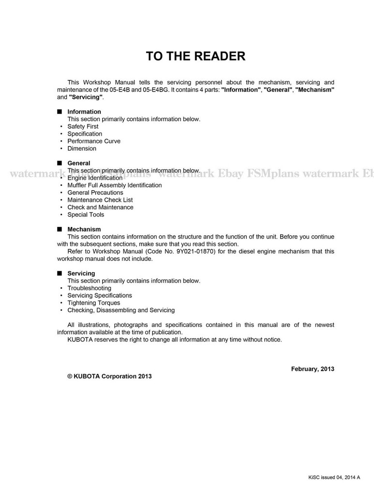 Kubota Engine 05-E4B 05-E4BG Workshop Service Manual