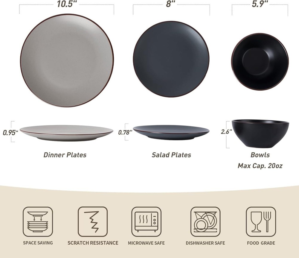 Plate and Bowl Set, 12 Piece Stoneware, Dinnerware Set for 4, Multicolor