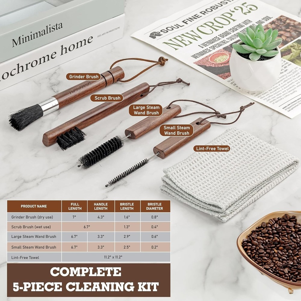 Espresso Machine Cleaning Essentials - 5pc Kit with Boar Bristle Brushes