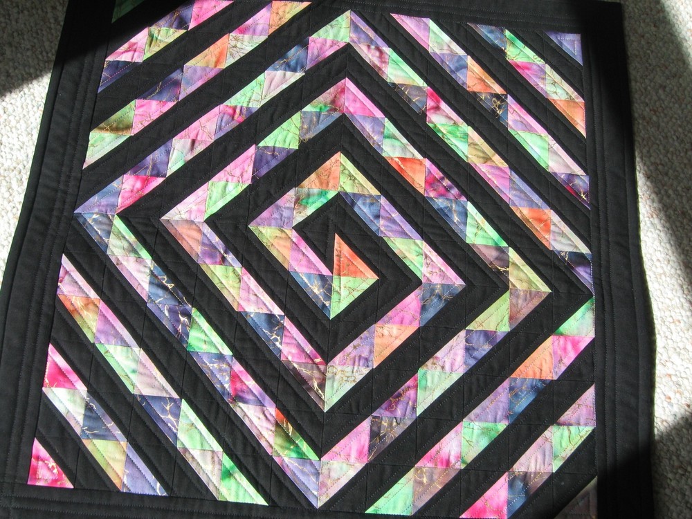 Handmade Quilted Table Topper Hand Dyed Fabric with Solid Black Spiral