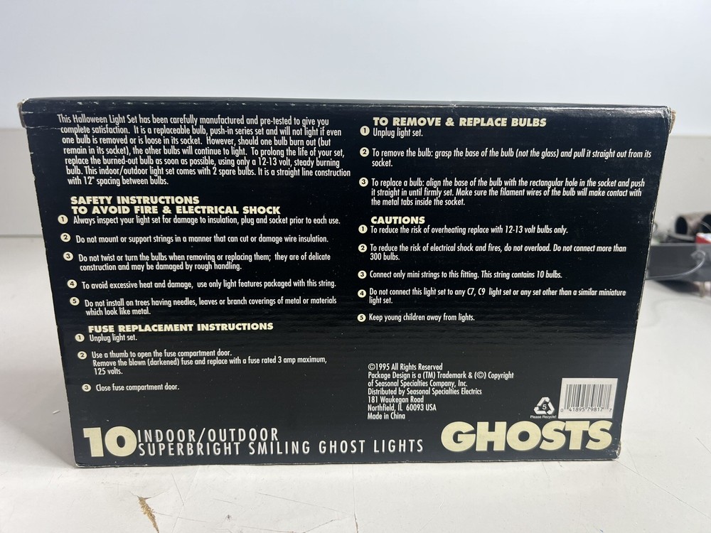Vtg 1996 10 Halloween Ghost Blow Mold String Lights reverse side Skeleton boxed