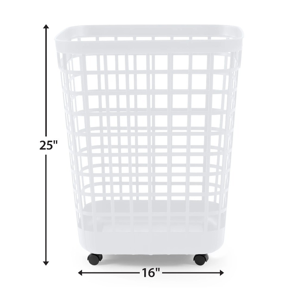 White Rolling Laundry Hamper with Wheels Easy-Clean Plastic Smooth-Glide