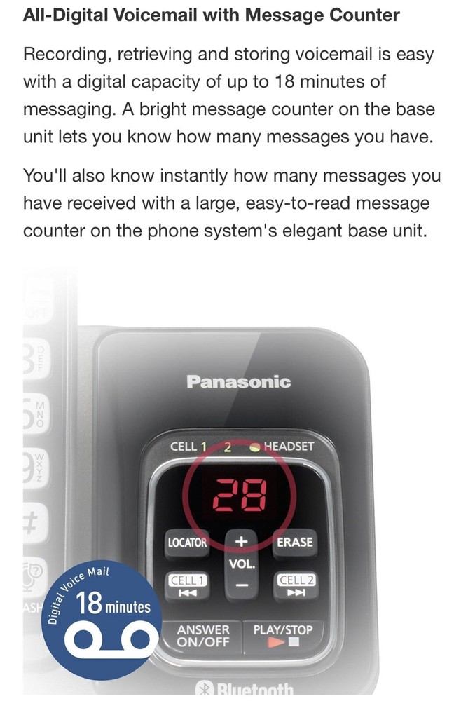 Panasonic, DECT 6.0 Bluetooth 3-Handset Phone System, Link2Cell No Landline Need
