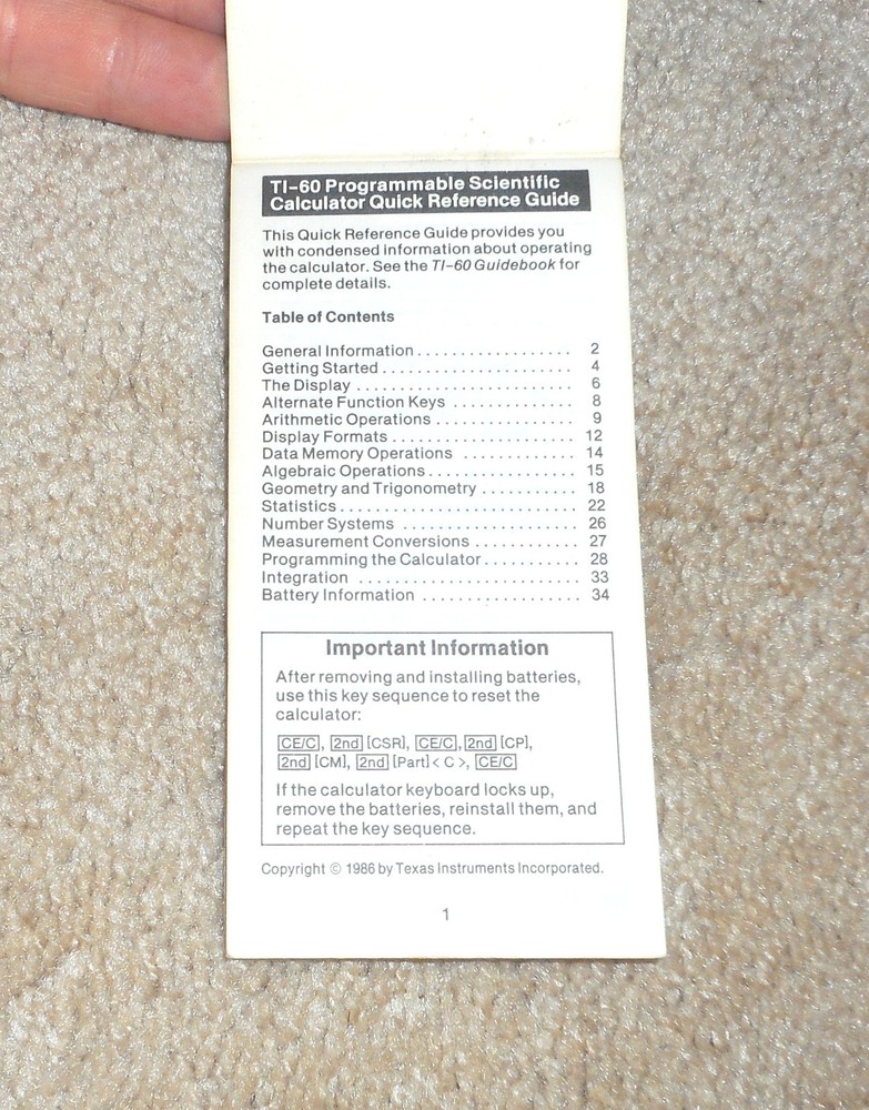 VINTAGE TEXAS INSTRUMENTS TI TI-60 QUICK REFERENCE GUIDE CALCULATOR BOOKLET
