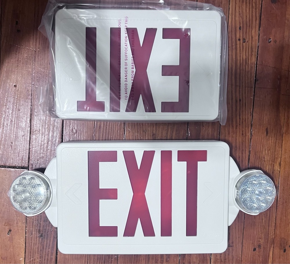 Lithonia Lighting LHQM LED Red Exit Sign With Emergency Lights, White, 2 Faces