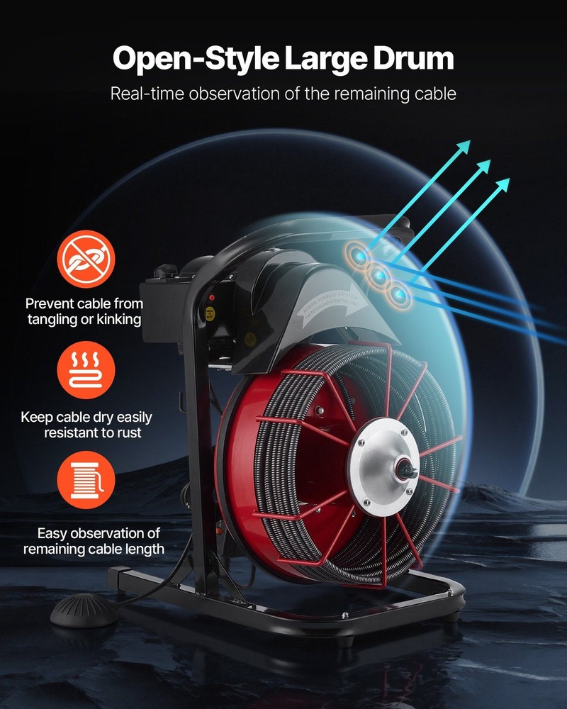 75ft Solid-Core Drain Auger, 4 Interchangeable Cutters