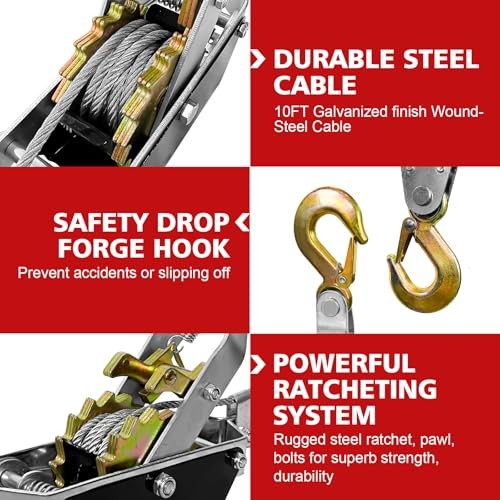 Come Along Winch Heavy Duty, 2T 2 Gears Come Along Pulling Tool, Cable Winch