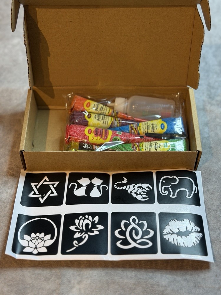 Golecha Colored Henna Tattoo Cream Set Fast Drying with Cones, Bottle, Stencils