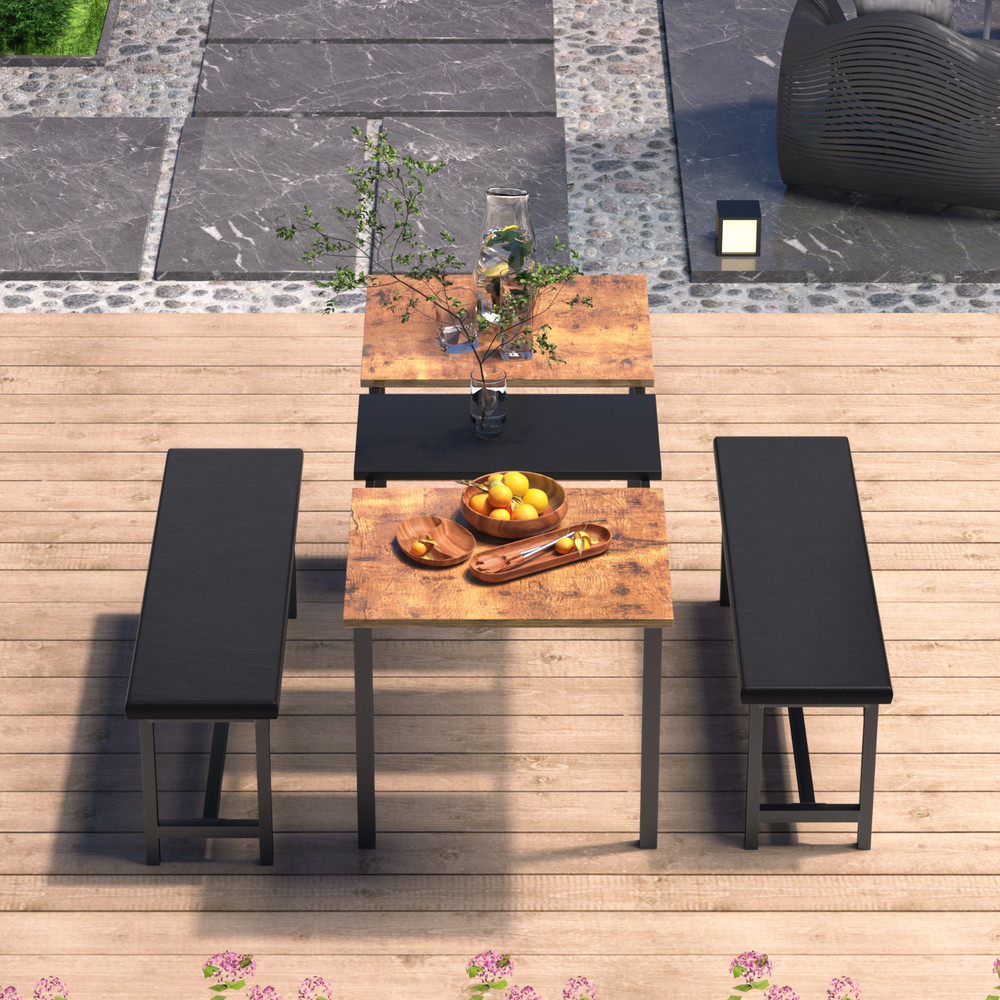 Extendable Dining Room Table Set +2 Benches Kitchen Wood Set for 4-6 Small Space
