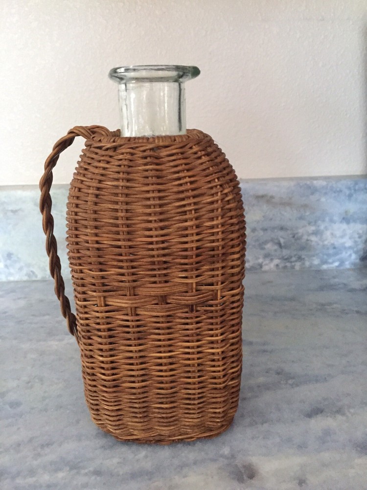 Antique Wicker Covered Square Spouted Bottle Unusual