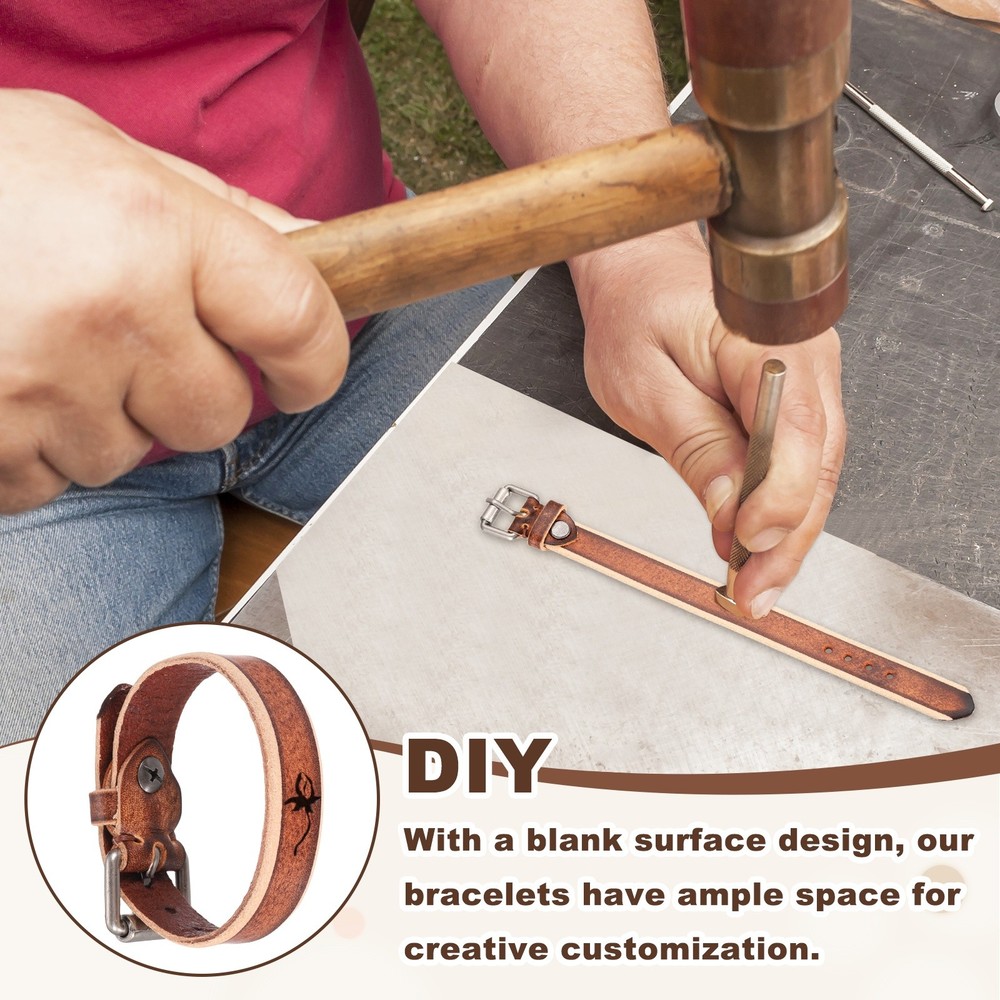 2Pcs Plain Leather Bracelets Buckle Bangle,Brown Punk Bracelets
