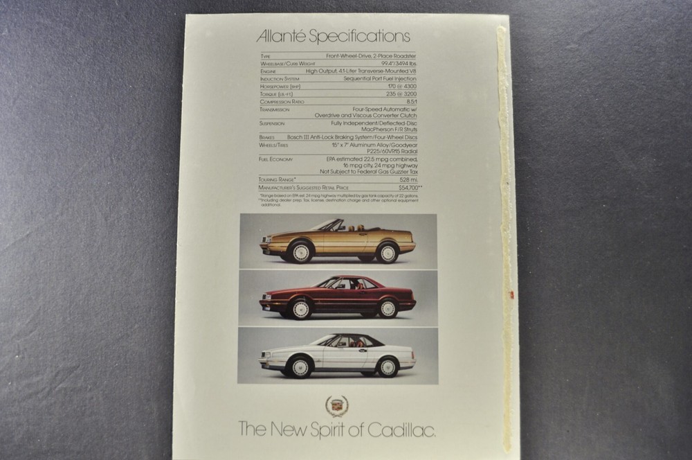 1987 Cadillac Allante Brochure Folder Pull-Out Excellent Original 87