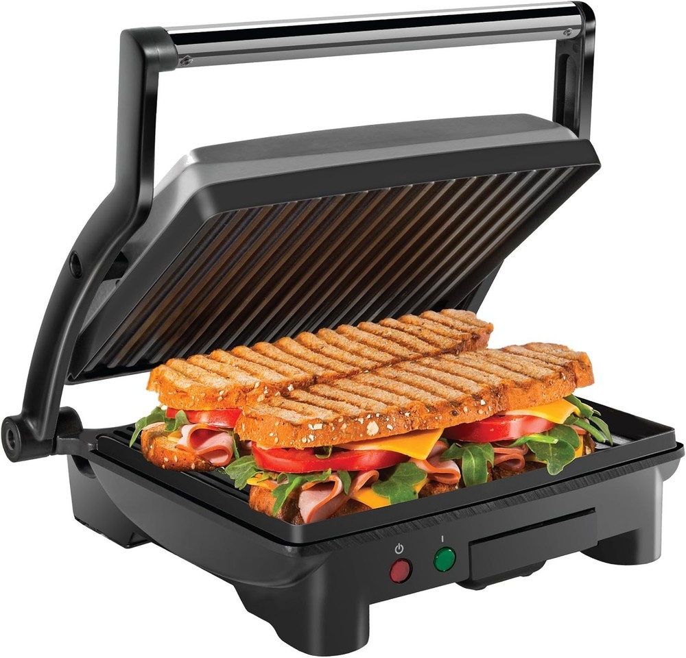 4 Slice Panini Press Grill - Non-Stick Plates, Black