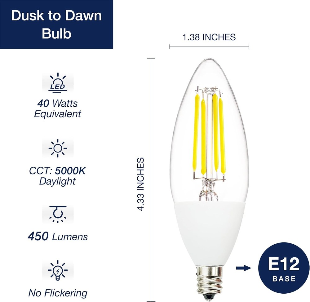 Jaspertronics™ Dusk to Dawn B11 LED Candelabra Bulbs, 5000K, 4W, E12 Base, 4