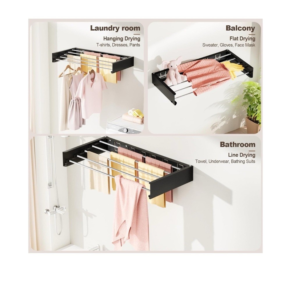40” Wall Mounted Clothes Drying Rack Folding, Foldable Laundry Drying Rack